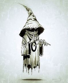 a drawing of a wizard holding a letter c in one hand and a broom in the other