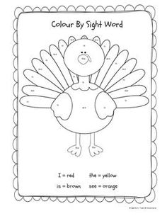 the color by sight word is shown in black and white, with an image of a turkey