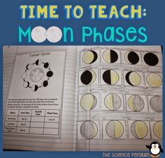 an open book with the words time to teach moon phases on it, and a photo of