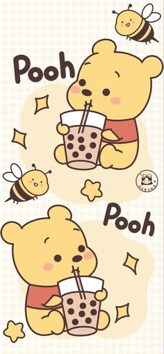 winnie the pooh bear drinking from a cup with honeybees and bees around it