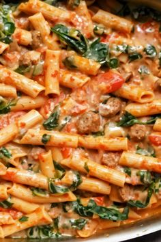 Creamy Sausage Rigatoni with Spinach, Garlic, and Tomato Cream Women Muscle Building, Creamy Sausage Rigatoni, Restaurant Pasta, Sausage Rigatoni, Sausage Spinach, Pasta Meals, Rigatoni Pasta, Winter Dishes, Favorite Recipes Dinner