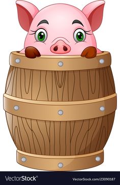 a pink pig sitting in a wooden barrel