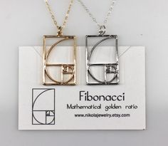 Fibonacci Golden Spiral Silver or Gold Necklace In geometry, a golden spiral is a logarithmic spiral whose growth factor is φ, the golden ratio. That is, a golden spiral gets wider (or further from its origin) by a factor of φ for every quarter turn it makes. The pendant measures 0.75 inches in width and 1.2 in length. Purchase includes a molecule information card, a natural jewelry box, and gift packaging. Gift? Add-on a hummingbird card for only $7: https://www.etsy.com/listing/202506976/nikol Engineer Jewelry, Golden Ratio Necklace, Fibonacci Necklace, Math Jewelry, Logarithmic Spiral, Molecule Necklace, Golden Spiral, The Golden Ratio, Science Jewelry