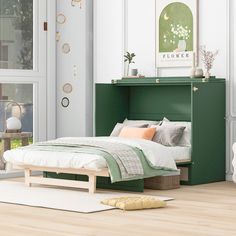 a bedroom with white walls and green furniture