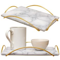 marble and gold serving tray with coffee cup, saucer and mug on white background