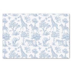 a blue and white wallpaper with zebras, giraffes and elephants