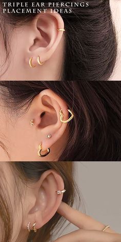 three different types of ear piercings on the side of a woman's head