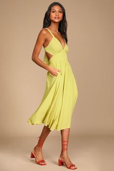 Lime Green Midi Dress - Tie-Back Dress - Midi Dress with Pockets - Lulus Lime Green Midi Dress, Midi Dress With Pockets, Full Midi Skirt, Lulus Dresses, Green Tie, Lightweight Dress, Dress Midi, Lulu Dresses, Tie Dress