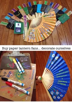 two pictures with different types of paper fans on the floor and in front of each other