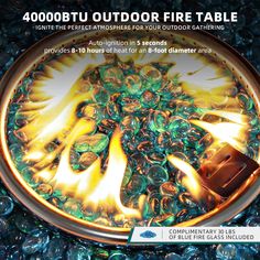 an outdoor fire table surrounded by glass rocks and water beads is shown in this advertisement