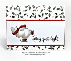 a christmas card with an image of a polar bear skating on snowflakes and holly