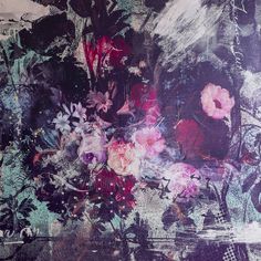 an abstract painting with flowers and leaves in purple, red, black and white colors