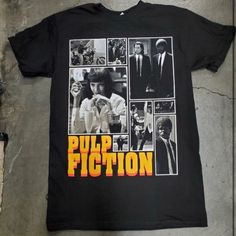 Supreme Condition Absolutely Flawless Black Colorway Samuel Jackson, John Travolta And Uma Thurman Front Graphic Multi Scene Assorted Boxes Front Aesthetic Gold Iconic “Pulp Fiction” Logo Text Front 100% Cotton Pulp Fiction Logo, Pulp Fiction T Shirt, Samuel Jackson, Aesthetic Gold, Movie Tees, Uma Thurman, John Travolta, Logo Text, Pulp Fiction