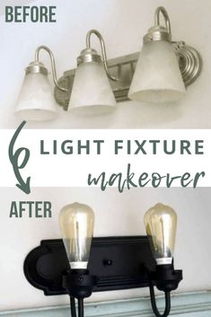 the before and after of an old bathroom light fixture with bulbs turned on to brighten it up