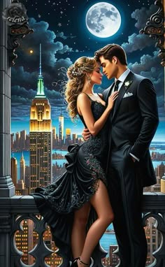 a painting of a couple kissing in front of a cityscape with the moon behind them