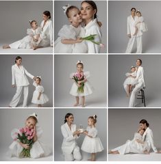 a collage of photos with children dressed up in white clothing and flowers, one holding a baby