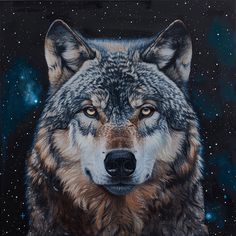 a painting of a wolf with stars in the background