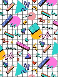 an abstract pattern with various shapes and colors on a checkered grid background, which is very colorful