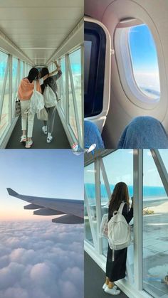 two women looking out an airplane window at the clouds below and on top of them