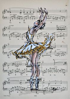 a drawing of a ballerina with musical notes