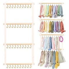 two racks with ties hanging from them and one rack holding several pairs of scarves