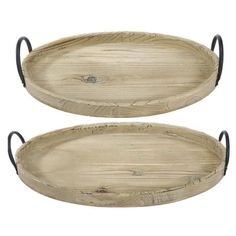 two oval wooden trays with black handles