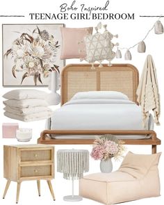 a bedroom with white bedding and pink accents on the walls, beige furniture and accessories