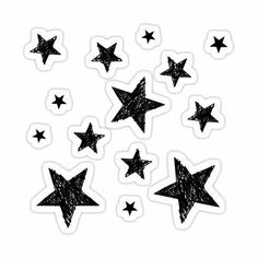 six stars drawn in black ink on white paper sticker sheet with space for text