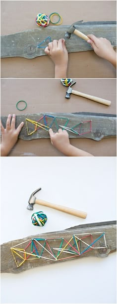 two pictures showing how to make string art