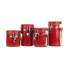 four red glass jars with handles are shown in front of the words available in german