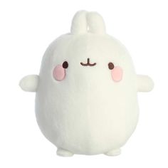 a white stuffed animal with pink cheeks and eyes