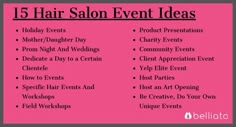 a pink poster with the words 15 hair salon event ideas