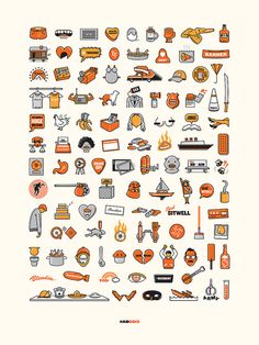 an orange and white poster with many different things in the shape of a square frame