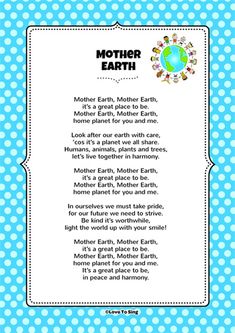 a mother earth poem with polka dots on blue and white background, the words mother earth are