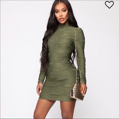 Fashion Nova Size: Medium Color: Olive Length: 34 Inches Width: 17 Inches Sleeves: 23.5 Inches Condition: New With Tags! Purchased For A Party, But I Didn’t End Up Wearing It. Thanks For Looking!! Hunter Green Dresses, Olive Fashion, Green Long Sleeve Dress, Neon Dresses, Flowy Mini Dress, Work Dresses For Women, 60 Fashion, Fashion Nova Models, Fashion Nova Dresses