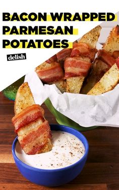 bacon wrapped parmesan potatoes in a blue bowl on a wooden table with text overlay