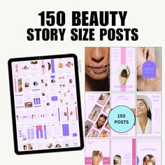 an ipad with the text'150 beauty story size posts'and images of women