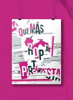 a poster hanging on a pink wall with the words ropa prexsta in spanish