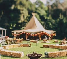 an instagram page with hay bales on the lawn and tents in the background