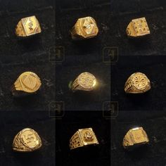 six gold rings with different designs on them, all in different shapes and sizes are shown