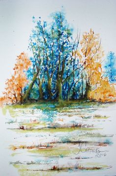 a watercolor painting of trees in the fall