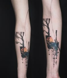 two tattoos with trees and water on their arms