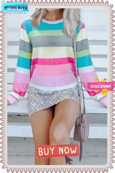 Rainbow Striped Top T-shirt Long Sleeve Color Block T-shirt For Summer, Multicolor Stretch T-shirt For Fall, Casual Stretch Color Block Tops, Trendy Striped Crew Neck Top, Stretch Summer T-shirt, Summer Color Block Long Sleeve Tops, Green Casual Color Block Tops, Summer Long Sleeve Color Block Tops, Spring Color Block Crew Neck Sweatshirt