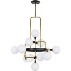 a large chandelier with white glass balls hanging from it's brass frame