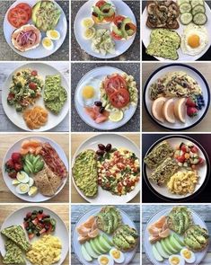 many plates with different types of food on them, including eggs, tomatoes and avocado