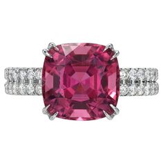 3.93 carat Hot Pink Tourmaline cushion platinum ring decorated with a total of 0.75 carat round brilliant collection diamonds. Ring size 6. Resizing is complementary upon request. Crafted by extremely skilled hands in the USA. Returns are accepted and paid by us within 7 days of delivery. Please FOLLOW the MERKABA storefront to be the first to view the latest of our ultra exclusive jewels and supreme gemstones. Merkaba Jewelry, is a unique, world-class jewelry brand, dedicated to unveiling the r Luxury Pink Baguette Cut Ruby Ring, Luxury Tourmaline Rings With Rose Cut Diamonds, Red Tourmaline Rings Fine Jewelry, Luxury Pink Tourmaline Rings, Pink Tourmaline Cabochon Ring, Chrome Tourmaline, Demantoid Garnet, Imperial Topaz, Padparadscha Sapphire