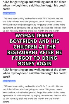 the text on this page reads, woman leaves boyfriend and his children at the restaurant after he forgot to bring money again