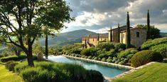 a large house sitting on top of a lush green hillside next to a river surrounded by trees