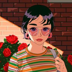 a woman wearing glasses and holding a knife in her right hand, with red roses behind her