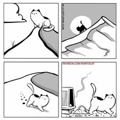 comic strip with cats and birds in the sky, one cat is on top of a hill